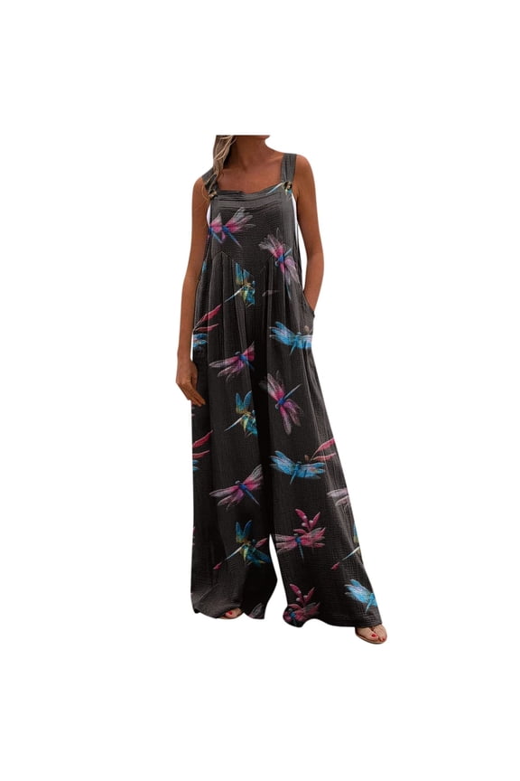 Women Print Jumpsuit Summer Sleeveless Pajamas Overalls Loose Wide Leg Sling Jumpers Long Pants Playsuits with Pocket Casual Button Rompers 2024 Fashion Streetwear, Purple, L
