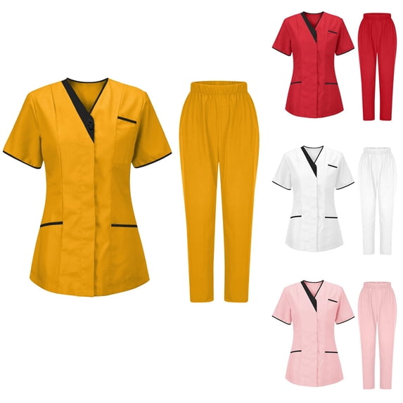 QATAINLAV Women'S Scrub Set 2 Piece Stretchy Comfy V-Neck Tops and Tapered Leg Pants Short Sleeve Work Sets Medical Nursing Uniforms White,S