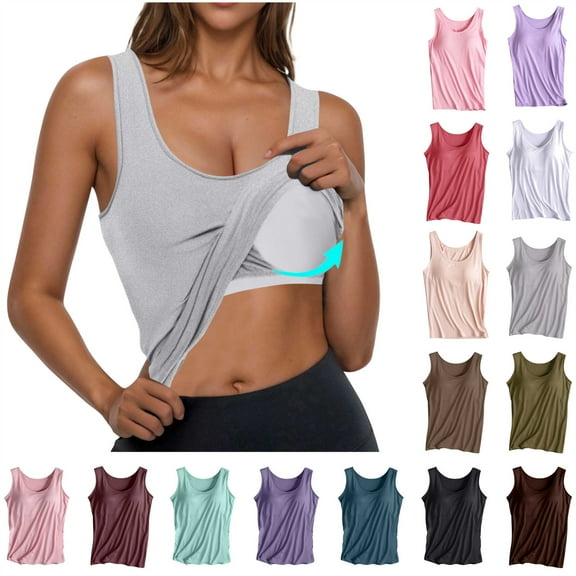 QATAINLAV Women Sports Camisole Round Neck Sleeveless Shirt Solid Color Vest with Chest Pad No Steel Rings Bottom Underwear, Khaki, M