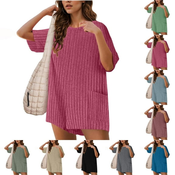 QATAINLAV Women Summer T shirt Romper 2025 Vacation Short Sleeve Onesie Hot Shorts Comgy Ribbed Knit Short Jumpsuits with Pockets Beach Overalls Sky Blue XXL Back to School Sales