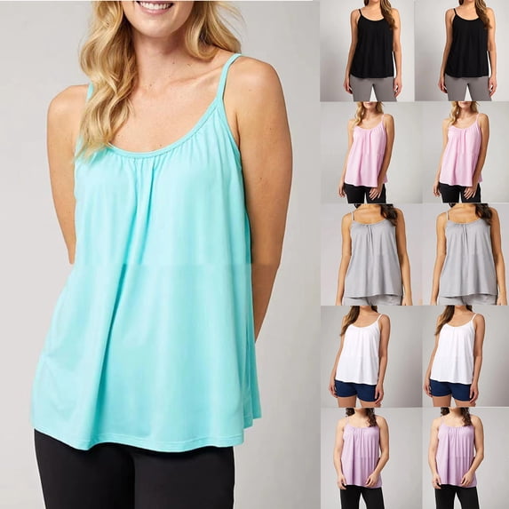 QATAINLAV Women Tank Tops with Built in Bra, Tops for Women Casual Sleeveless Strap Workout Top Basic Solid Casual Tee Shirts Back to School Blouse Prime Sales Black XL