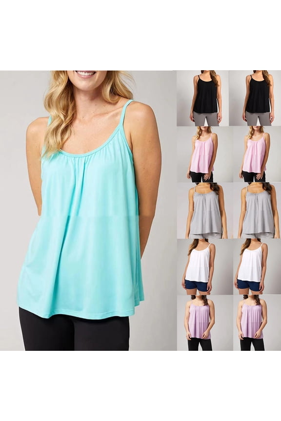 Women Tank Tops with Built in Bra, Tops for Women Sexy Sleeveless Strap Workout Top Basic Solid Casual Tee Shirts Back to School Blouse Ofertas Del Dia de Hoy Relampago White L
