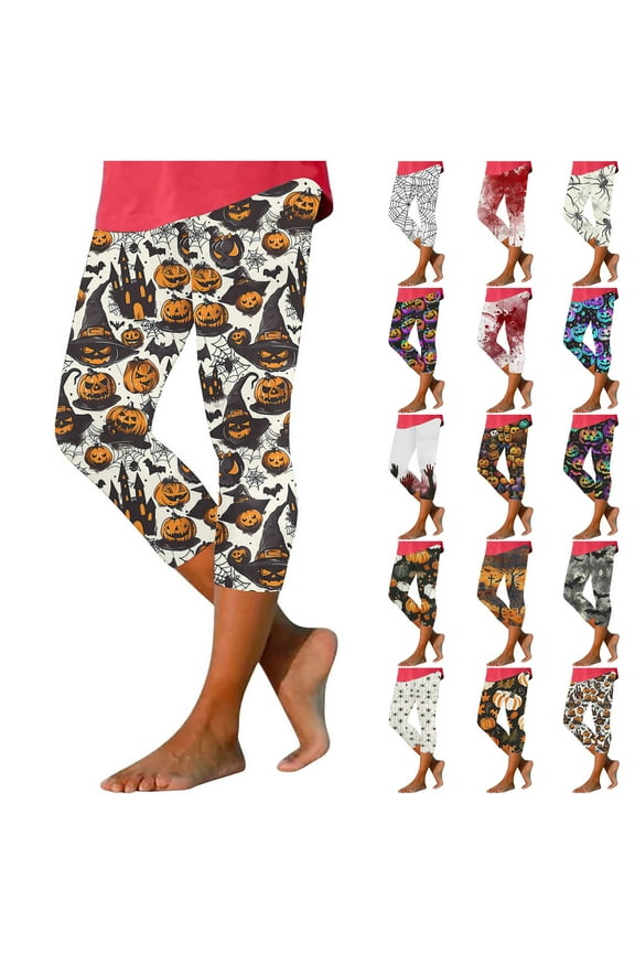 Women Tummy Control Capri Leggings 2024 Halloween Novelty Graphic Print Legging Capris Milk Silk High Waisted Tight Cropped Yoga Pants Black L