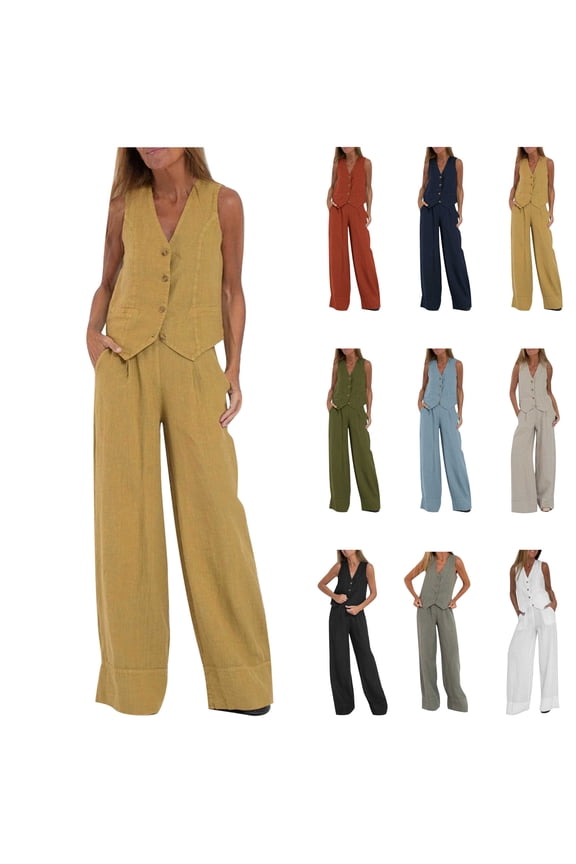 Women Two Piece Outfits Button V neck Vest Top Blazer and Wide Leg Pants Business Suit Summer Linen Lounge Matching Sets, Beige, S