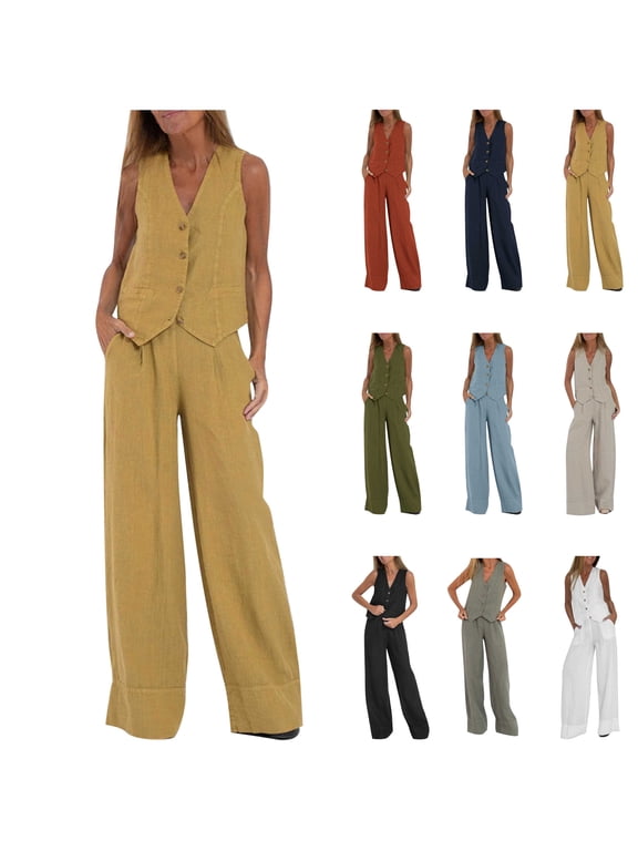 Womens Cotton Linen 2 Piece Outfits Casual Sleeveless Button Up Vest and Wide Leg Pants Matching Sets, Black, M