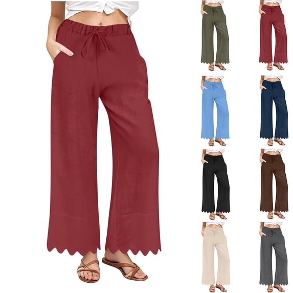 QATAINLAV Women Wide Leg Linen Pants Casual Drawstring High Waisted Summer Beach Pants Cute Ruffle Palazzo Trousers with Pockets, Khaki, M
