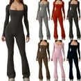 thumbnail image 1 of QATAINLAV Women Workout Flare Jumpsuits Casual Square Neck Long Sleeve One Piece Pants Butt Lift Gym Yoga Rompers Solid Color Tight Overalls Brown M, 1 of 10