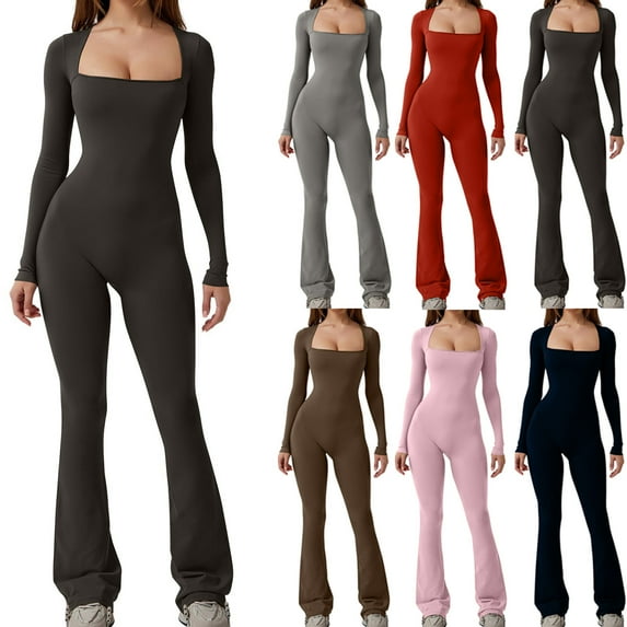 QATAINLAV Women Workout Flare Jumpsuits Casual Square Neck Long Sleeve One Piece Pants Butt Lift Gym Yoga Rompers Solid Color Tight Overalls Back to College Sales Gray S