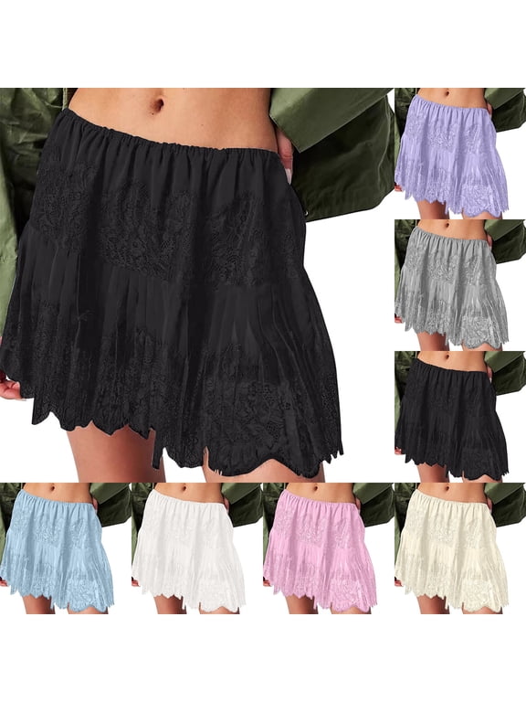 Women Y2k Lace Tiered Mini Skirts Summer Ruffled Pleated Lace Trim Half Slip Low Rise Flowy Short Skirts Streetwear Vacation Clothes Black S