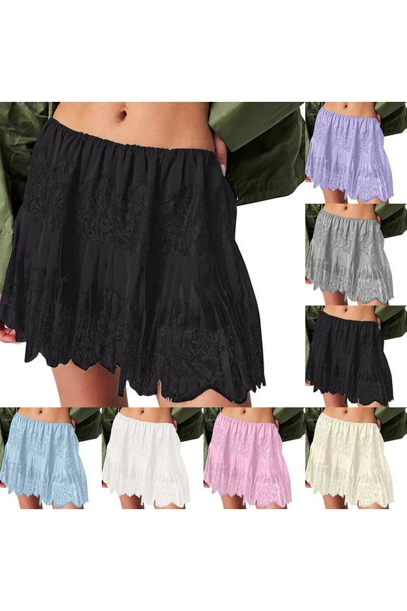 Women Y2k Lace Tiered Mini Skirts Summer Ruffled Pleated Lace Trim Half Slip Low Rise Flowy Short Skirts Streetwear Vacation Clothes Black XXL Back to School Sales