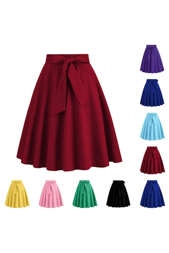 Women's 1950's Vintage Pleated Skirts Front Tie High Waist Cocktail Party Skirt A-Line Solid Color Hepburn Swing Midi Skirts, Blue, XL, Gifts for Mom
