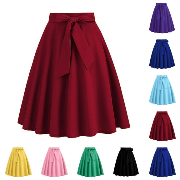 QATAINLAV Women's 1950's Vintage Pleated Skirts Front Tie High Waist Cocktail Party Skirt A-Line Solid Color Hepburn Swing Midi Skirts, Wine, S, Gifts for Mom