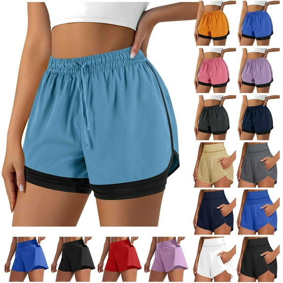 QATAINLAV Women's 2 in 1 Running Shorts for Gym Yoga Workout Athletic Shorts Drawstring High Waisted Shorts with Liner Pockets Light Blue XXL Mother's Day Gifts