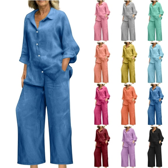 QATAINLAV Women's 2 Piece Cotton Linen Outfits Casual Loose Roll Long Sleeve Button Shirts Matching High Waist Wide Leg Pants with Pockets Lounge Set Black XXXXL Ofertas Flash Del Dia