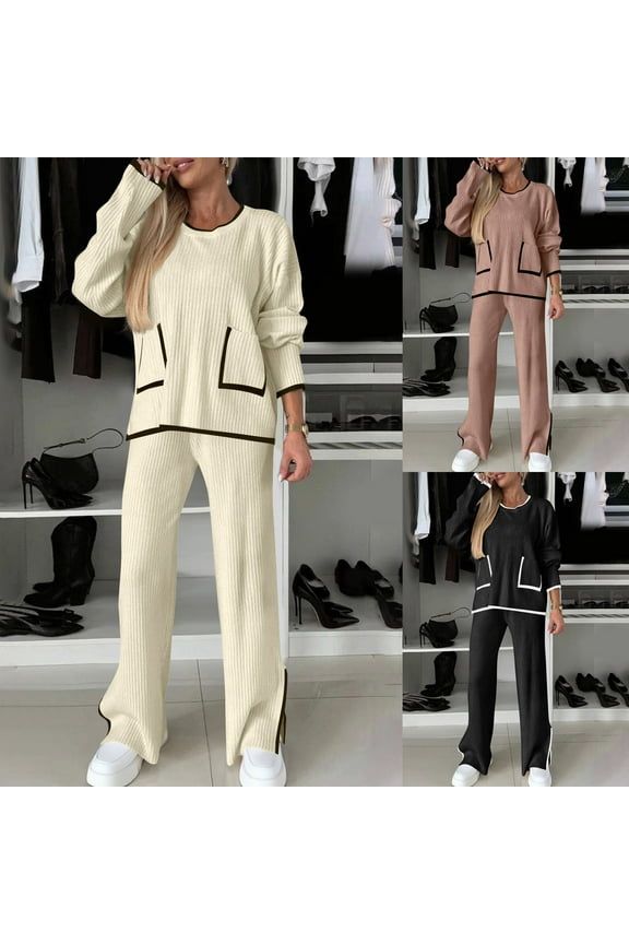 Women's 2 Piece Lounge Set Ribbed Knit Colorblock Sweatersand Split Hem Pants Sweatsuit Matching Sets Long Sleeve Fall Fashion Clothing, Black, XXXL, Birthday Gifts