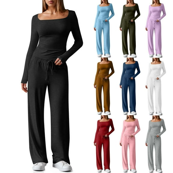 QATAINLAV Women's 2 Piece Outfits Long Sleeve Square Neck Tops Matching Wide Leg Pants Tracksuits Casual Lounge Sets, Black, L, Gifts for Mom