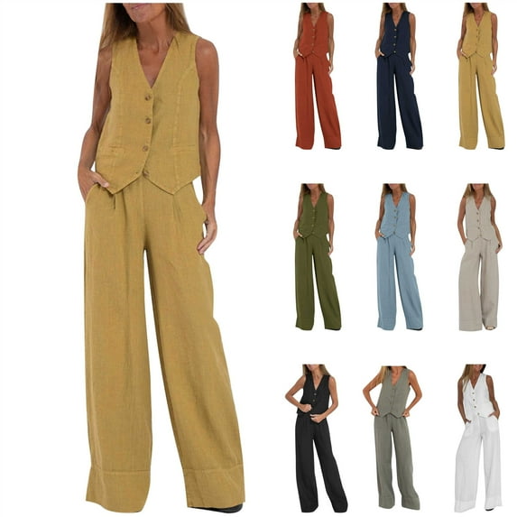QATAINLAV Womens Linen Dressy Casual 2 Piece Sets Sleeveless Blazer Vest Matching High Rise Wide Leg Pants Business Outfits, Orange, L