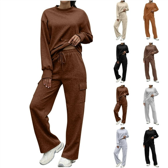 QATAINLAV Women's 2 Piece Outfits Sweatsuit Fall Crewneck Pullover Sweatshirts and Wide Leg Cargo Pants Matching Sets Tracksuit, Black, XL, Birthday Gifts