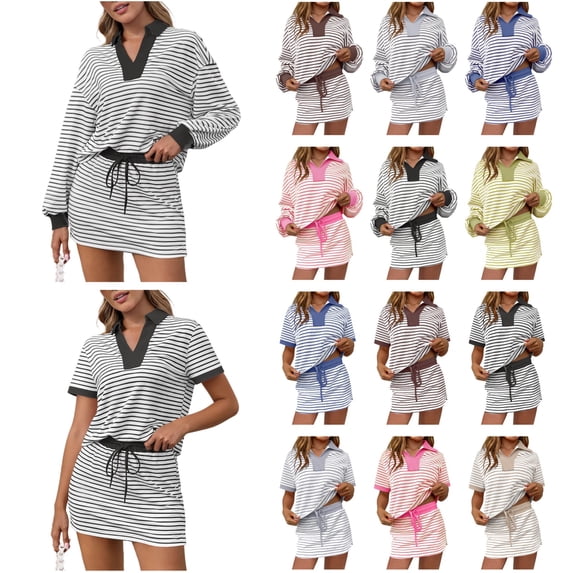 QATAINLAV Women's 2 Piece Outfits Sweatsuit Striped Matching Sets Casual Long Sleeve Pullover and Skirts Sets Travel Tracksuit, Black, XXL