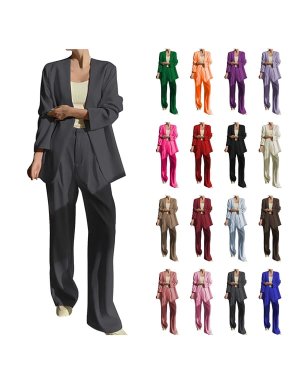 Women's 2 Piece Pant Suits Dressy Blazer Wide Leg Pants Matching Sets Solid Color Business Casual Outfits, Pink, XXL