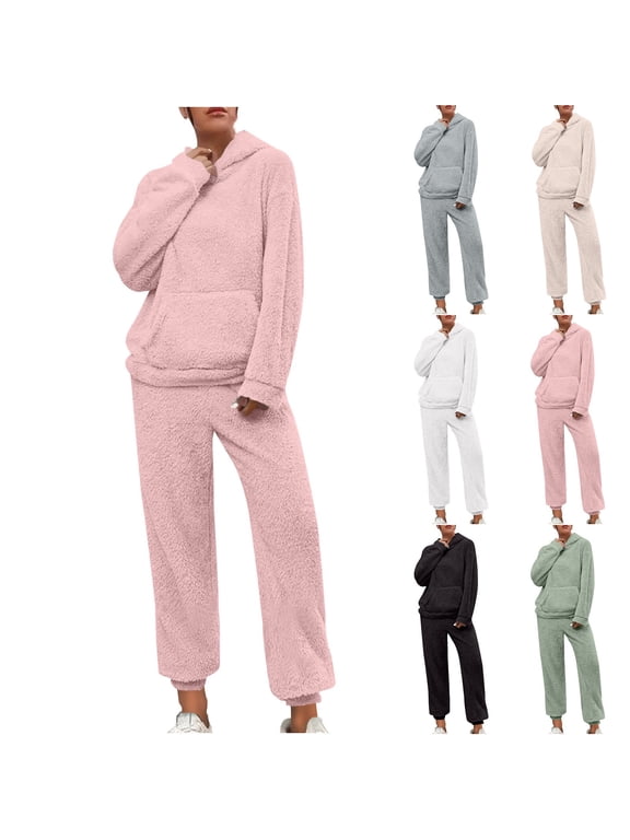 Women's 2 Piece Pjs Set Fuzzy Plush Hoodie Pullover and Jogger Pant Sets Fleece Sherpa Warm Loungewear