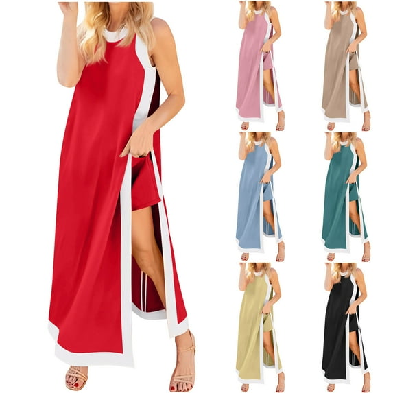 QATAINLAV Women's 2 Piece Sets Fashion Color Block Sleeveless High Slit Robe and Shorts with Pockets Matching Outfits, Red, L