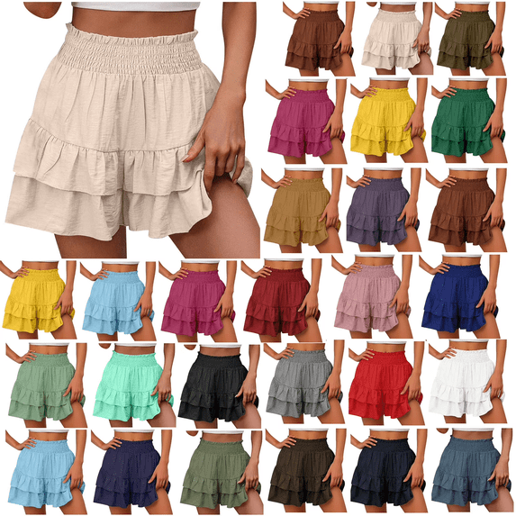 QATAINLAV Women's Summer Shorts High Waisted Ruffle Shorts Casual Pleated Hem Workout Shorts Solid Color Cute Short Pants Navy S