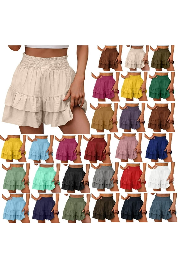 Women's 2025 Summer Shorts High Waisted Ruffle Shorts Casual Pleated Hem Workout Shorts Solid Color Cute Short Pants Lightning Sales Today Yellow S