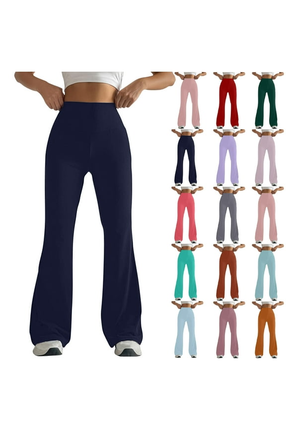 Women's 2025 Fashion Flare Pants Elastic High Waisted Tummy Control Yoga Pants Solid Color Casual Seamless Bootcut Workout Leggings Light Blue S Back to College Sale