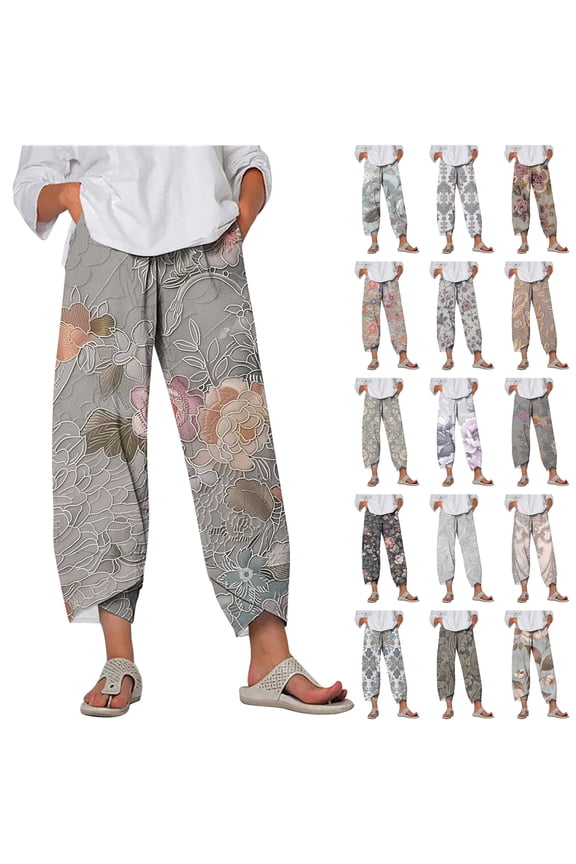 Women's 2025 Summer Elastic Waist Harem Pants with Pockets Casual Tulips Hem Linen Beach Capris Fashion Print Plus Size Loose Cropped Trousers Multicolor M Ofertas en Walmart