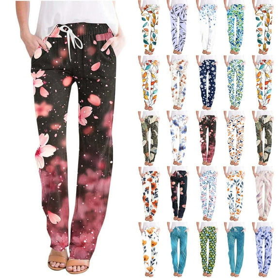 QATAINLAV Women's 2025 Summer Linen Pants with Pockets Casual Drawstring High Waisted Straight Leg Sweatpants Fashion Floral Print Lounge Trousers Multicolor S Lightning Sales