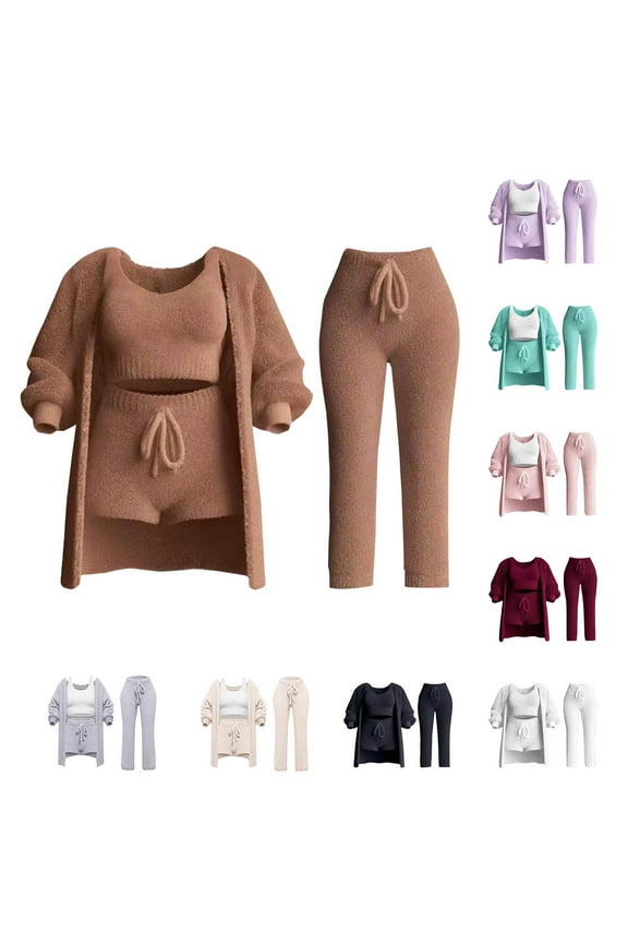Women's 4 Piece Outfits Sweater Sets Solid Long Sleeve Knit Cardigan Sleeveless Tank Tops Drawstring Shorts and Trousers Matching Set Todays Daily Sales Beige M