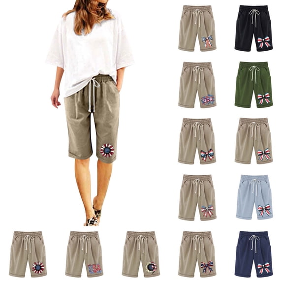 QATAINLAV Women's 4th of July Patriotic Shorts Summer Casual Cotton Linen Hawaiian Beach Shorts American Flag Print Bermuda Shorts with Pockets Army Green XXL Prime Sales of The Day