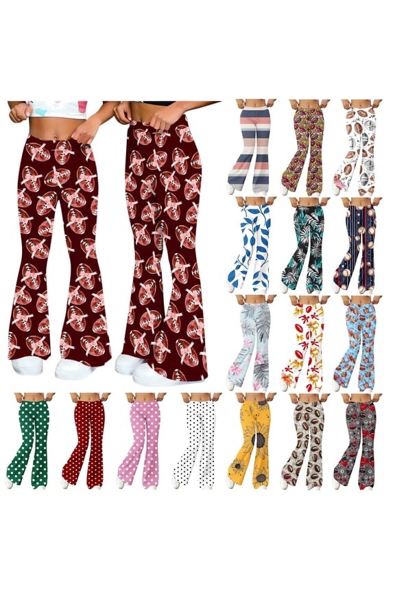 Women's 70S Yoga Pants Hippie Clothes High Waisted Workout Flared Leggings Cute Graphic Print Athletic Bell Bottom Trousers Yellow S