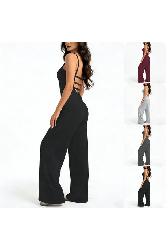 Women's Backless Sleeveless Jumpsuits Casual Scoop Neck Spaghetti Strap Onesie Pants Solid Color Wide Leg Romper, Wine, L
