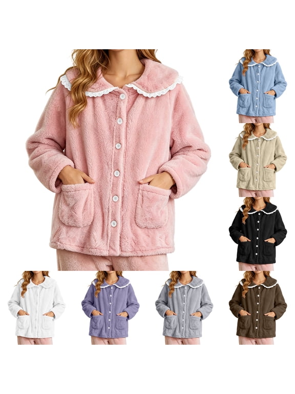 Women's Bed Jackets Fuzzy Fleece Cozy Sherpa Longewear House Coat Button Collared Fuzzy Pajama Tops with Pockets