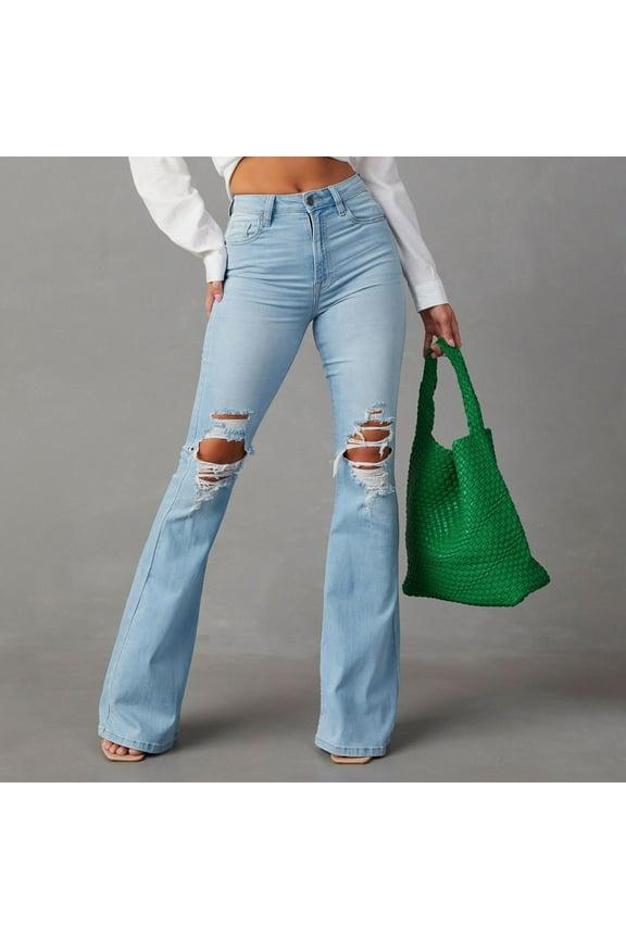 Women's Bell Bottom Jeans Fashion Ripped Frayed Denim Pants High Waist Casual Flared Pants Outdoor Jean Trousers with Pockets Streetwear Light Blue XXL