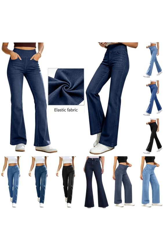 Women's Bell Bottom Jeans High Waisted Bootcut Flared Denim Pants Solid Color Stretchy Pull On Jean Pants with Pockets Dark Blue XL