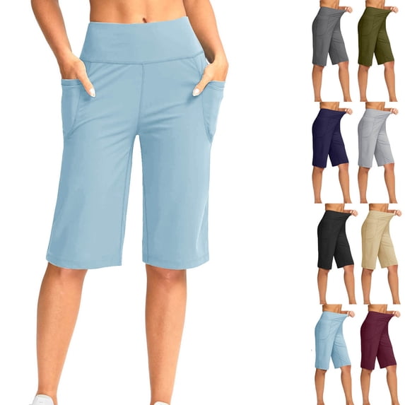 QATAINLAV Women's Bermuda Shorts Casual Stretch Tummy Control Yoga Capris Solid Color Loose Wide Leg Cropped Pants with Pockets Army Green S Lightning Sale