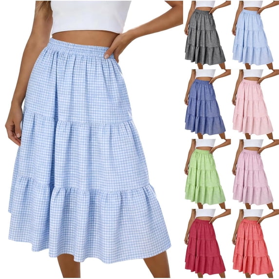 QATAINLAV Women's Boho Midi Skirts Elastic High Waisted Gingham Tiered A-Line Long Skirt Flowy Casual Summer Plaid Skirts Blue XXL