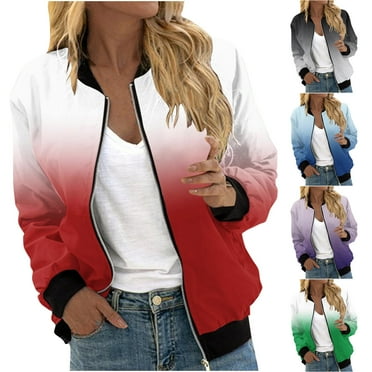 QATAINLAV Women's Bomber Jacket 2024 Trendy Gradient Printed Baseball Jacket Lightweight Zip up Casual Varsity Jacket Moto Windbreaker Outerwear with Pockets Todays Deals Red S