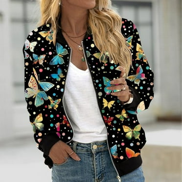 QATAINLAV Women's Bomber Jacket Butterfly Print Varsity Jacket Lightweight Zip Up Windbreaker Jacket Spring Fall Trendy Casual Outwear with Pockets Limited Time Deals of the Day Black M