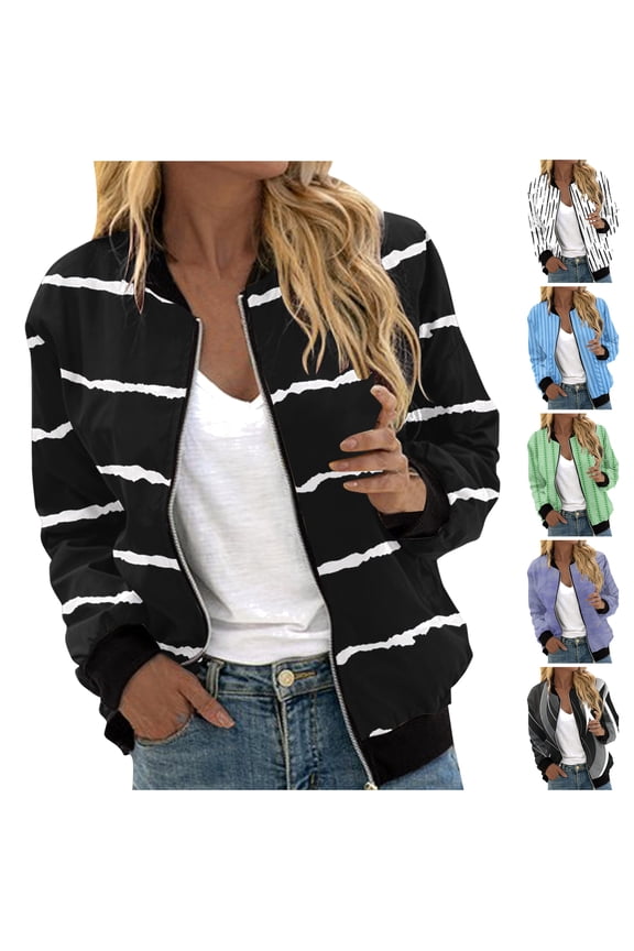 Women's Bomber Jacket Long Sleeve Casual Coat Zip Up Outerwear with Pockets Going Out Outfits, Blue, L