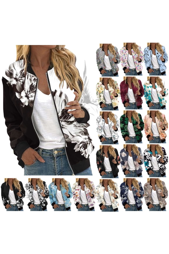 Women's Bomber Jacket Long Sleeve Casual Coat Zip Up Outerwear with Pockets Going Out Outfits, Multicolor, L