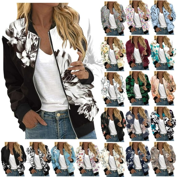 QATAINLAV Women's Bomber Jacket Long Sleeve Casual Coat Zip Up Outerwear with Pockets Going Out Outfits, Multicolor, XXXL