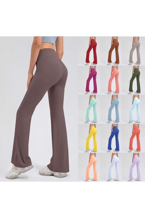 Women's Bootleg Yoga Pants Casual High Waisted Workout Flare Leggings Solid Tummy Control Bell Bottom Trousers, Brown, XL