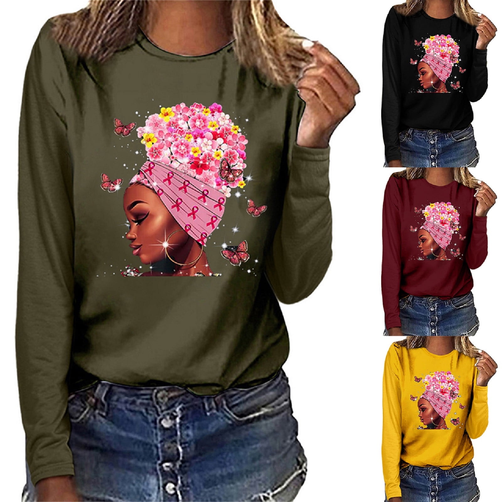 QATAINLAV Women's Breast Cancer Awareness Shirts Fall Long Sleeve Round