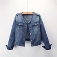 thumbnail image 1 of QATAINLAV Women's Button Down Long Sleeve Cropped Jean Jacket with Pockets Crew Neck Plus Size Casual Loose Denim Jackets Blue XL, 1 of 8