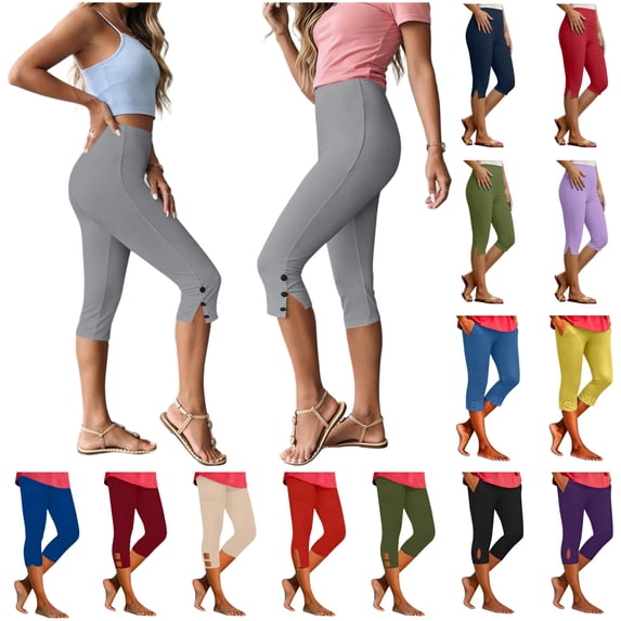QATAINLAV Women's Capri Leggings Summer Casual Side Slit Workout Yoga Pants High Waisted Stretch Cropped Trousers Black XXL