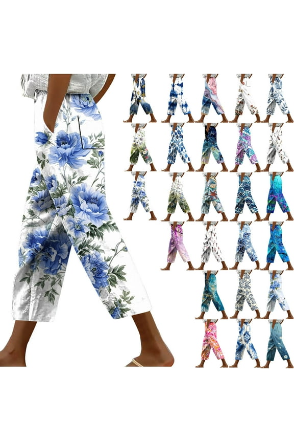 Women's Capri Pants 2024 Trendy Floral Print Cropped Trousers Summer Casual Drawstring Straight Leg Beach Pants Going Out Capris with Pockets Lightning Sales Today Multicolor L